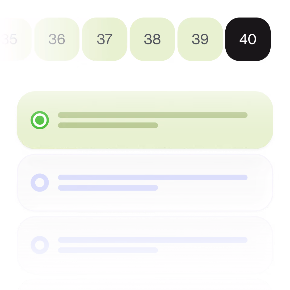 Pagination with numbers 35 to 40 and a vertical list of four selectable options, the first highlighted in green.