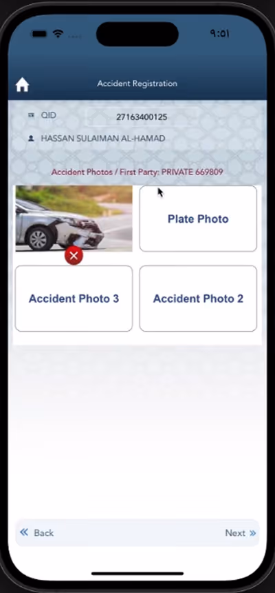 Mobile app screen showing accident registration with user info and a damaged car photo upload.