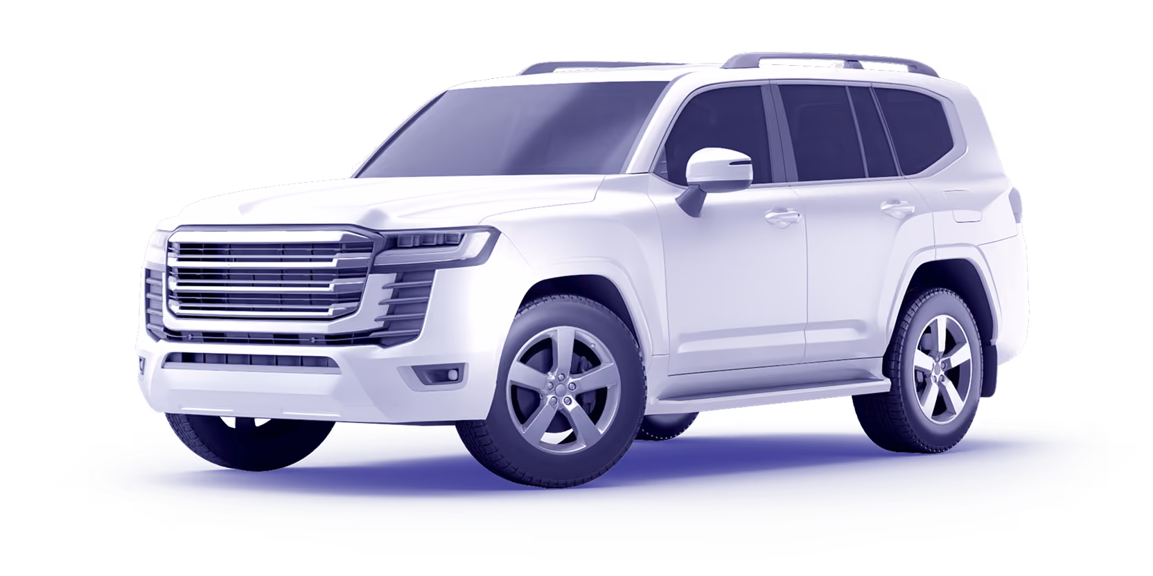 White modern SUV with tinted windows and large front grille on a blue platform.