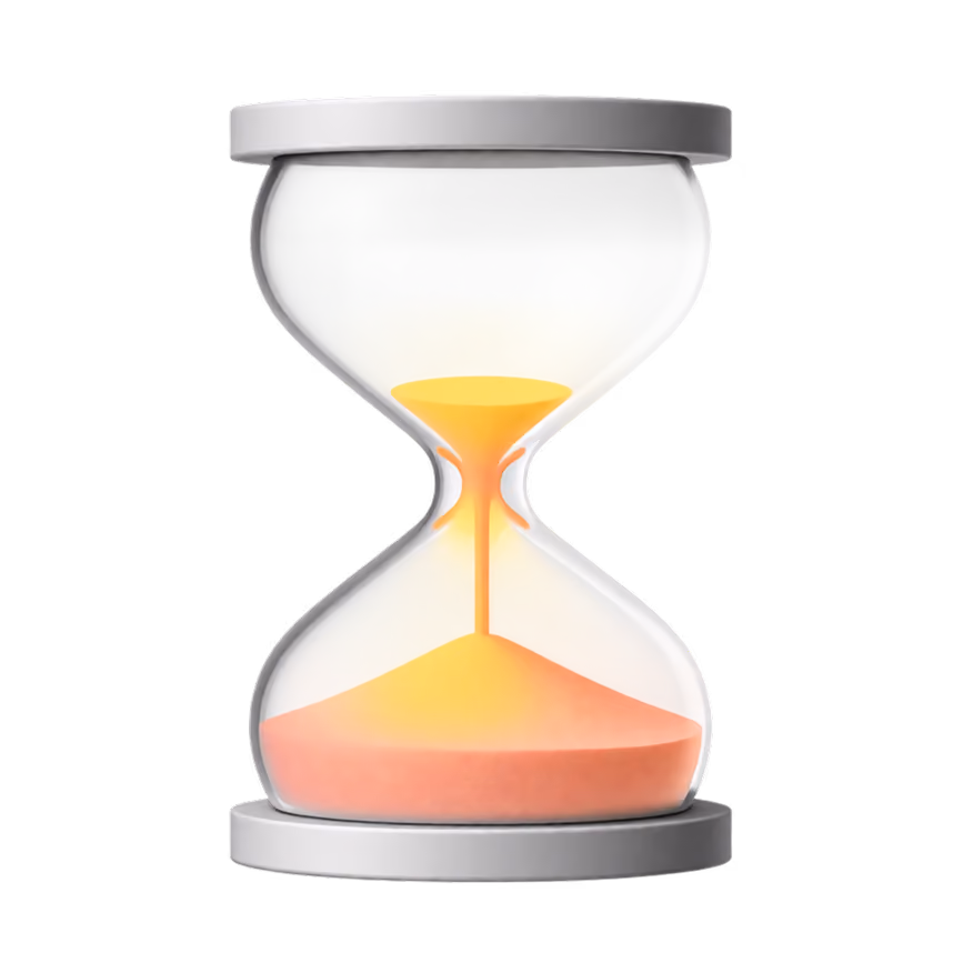 Hourglass timer with yellow-orange sand flowing from top to bottom against a black background.