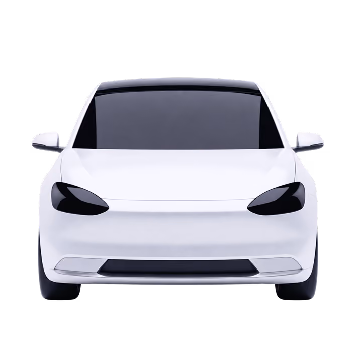Front view of a sleek white modern car with tinted windows and blacked-out headlights.