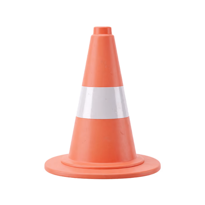 Orange traffic cone with a single white reflective stripe on a white background.
