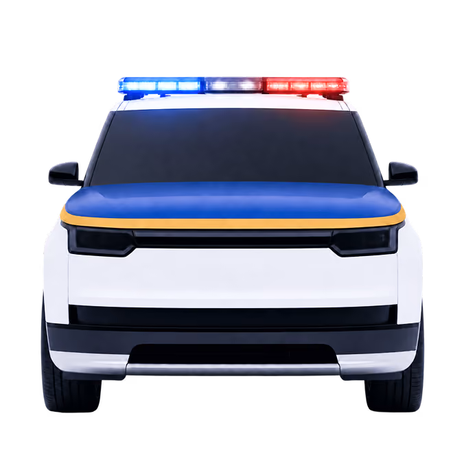 Front view of a modern police car with red and blue lights on the roof and tinted windows.