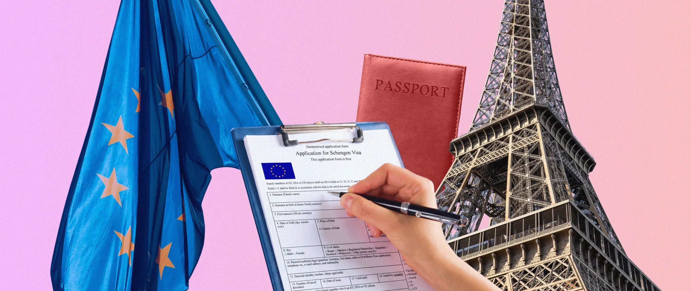 Hand filling out Schengen visa application form next to EU flag and Eiffel Tower with a passport in background.
